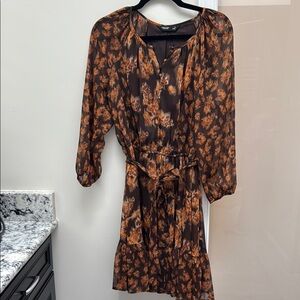 Brown Floral Tie-Waist Midi Dress